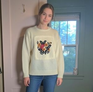 Vintage Joyce Floral Embroidered Cream Fall Sweater Size Medium